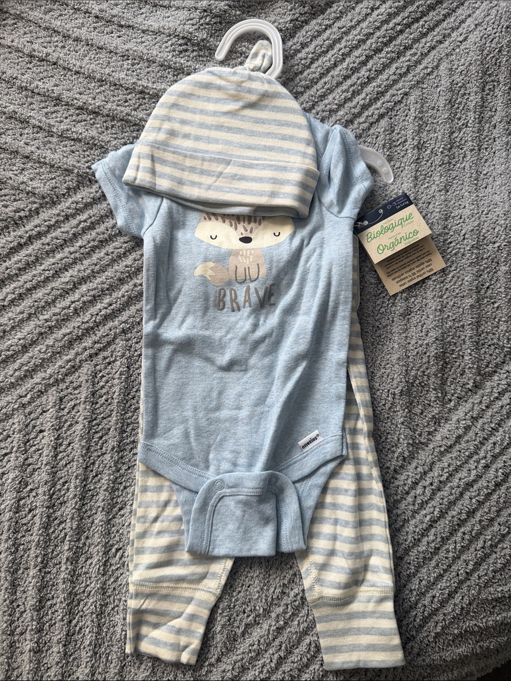 Gerber Blue and Cream Baby Matching Set - 'Brave' Fox Bodysuit, Pants & Hat